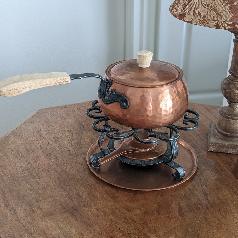 MID CENTURY SWISS MADE COPPER SAUCEPAN ON STAND/fondue set, saucepan with